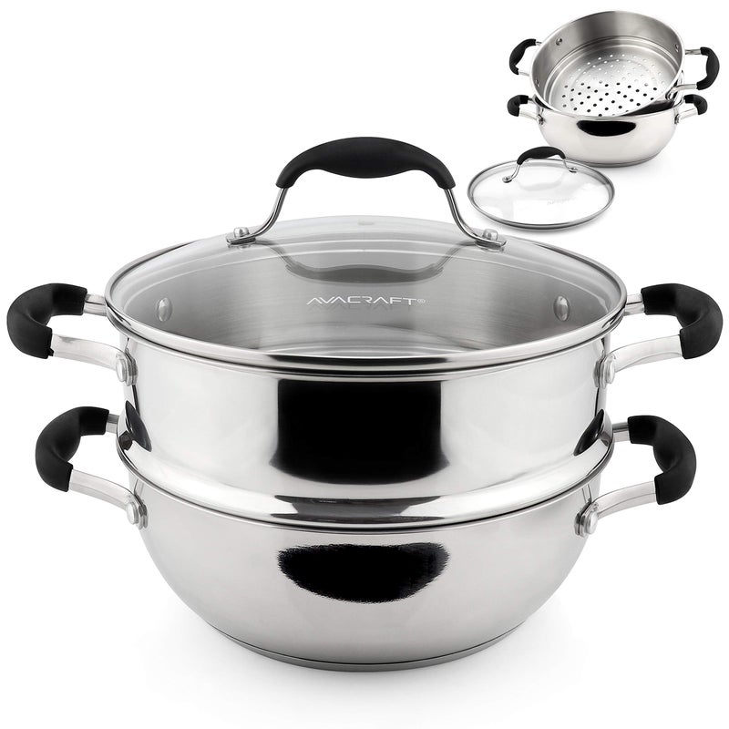 AVACRAFT 18/10, 3 Piece Stainless Steel Steamer Cooking Pot & Pan Set with Glass Lid, Momo Maker, Induction - Image 1